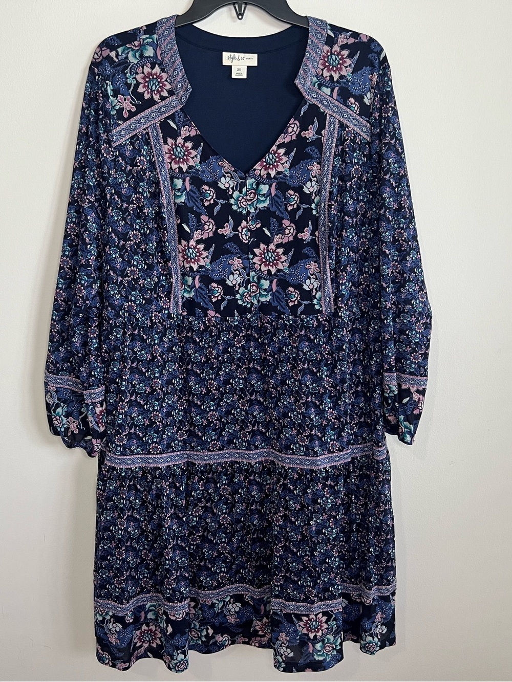 Style & Co. Navy Floral Long-Sleeve Boho Dress